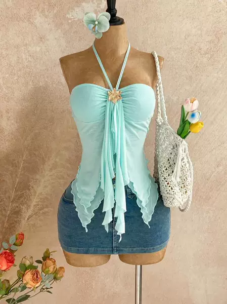 European and American Cross-Border 2026 Summer Metal-Decorated Mesh Camisole for Women, Backless Irregular Halter Neck Short Top