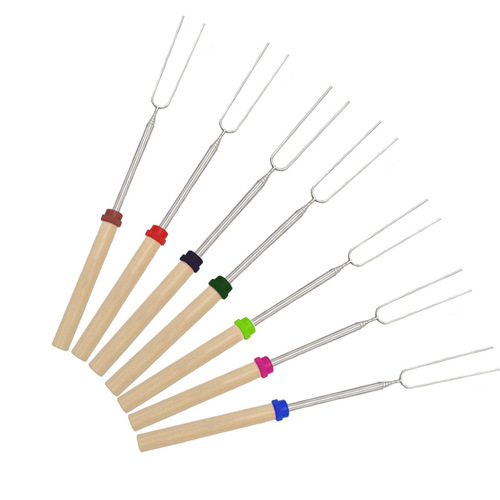 Outdoor BBQ stainless steel telescopic barbecue fork, hot dog fork, wooden handle barbecue skewers, telescopic U-shaped barbecue fork