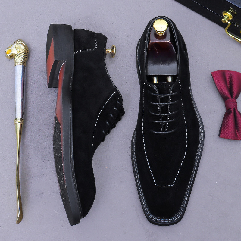 英伦复古反绒牛皮真皮牛津男士手工鞋方头系带休闲商务正装皮鞋男