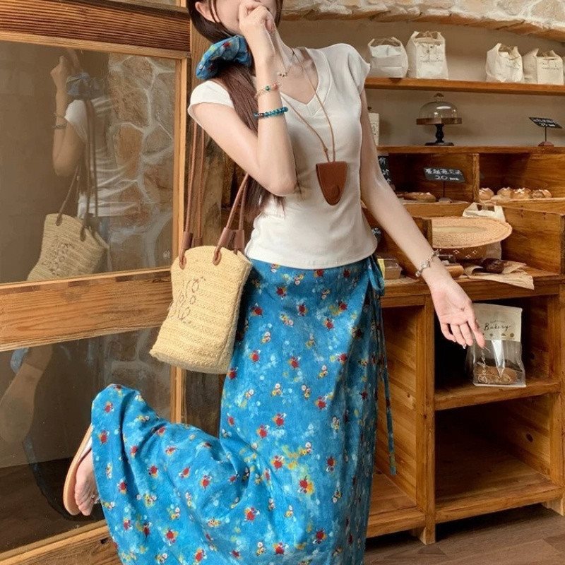 蓝色碎花油画系带半身裙女2025夏季新款高腰显瘦复古字长裙子|undefined