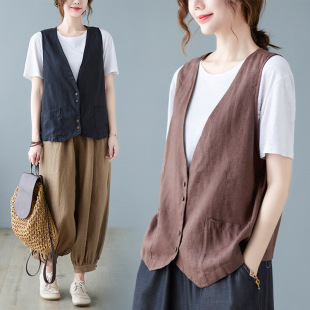 2022 New Summer Style Loose Large Size Short Sleeveless Loose Women's Cotton and Linen Vest
