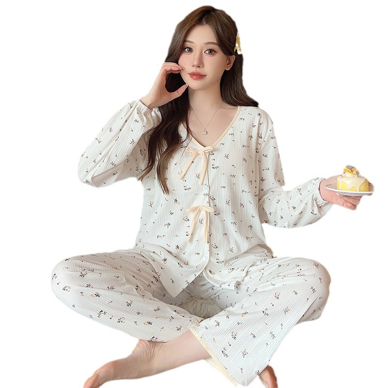 Pijamas de mujer con almohadilla en el pecho 2023 primavera y otoño dulce cardigan pantalones de manga larga Internet Celebrity ropa de casa de dos piezas se puede usar fuera