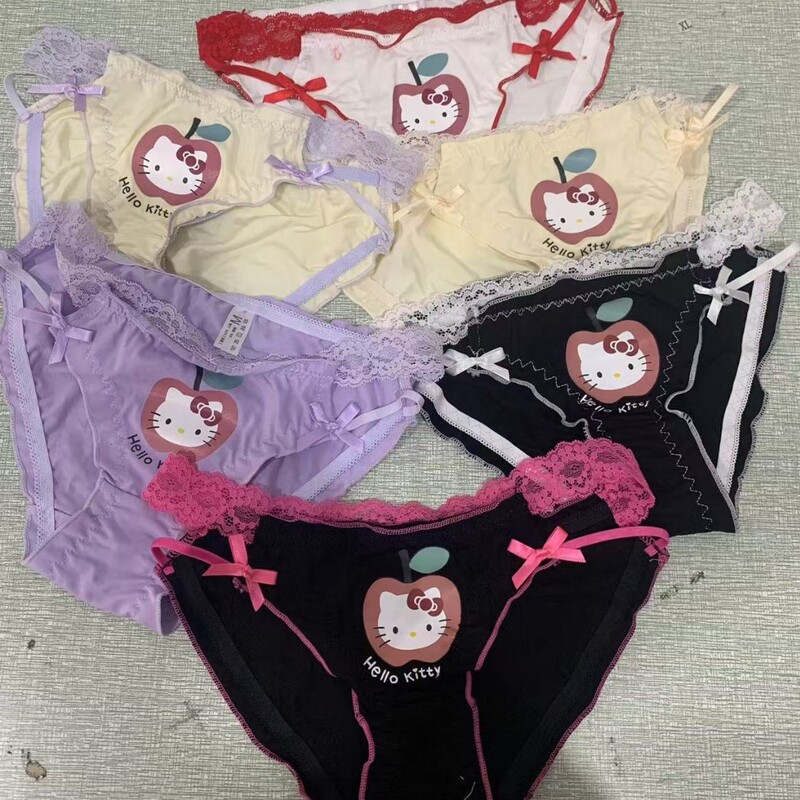 New Trendy Cute Mini Cartoon Cat Sexy Ruffled Comfortable Breathable Cotton Crotch Girls' Underwear Color-Blocked Triangle Panties