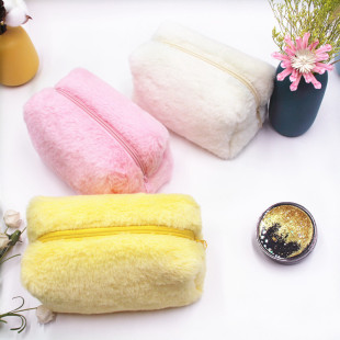 Ins Girly Pure Color New Plush Pencil Bag Hand Bag Candy Color Portable Sweet Soft Waxy Cosmetic Bag Pencil Bag