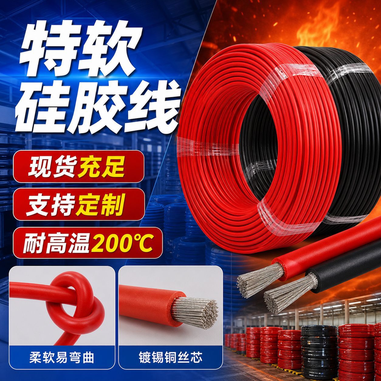 厂家供应电动车电源连接线特软硅胶线 亚贤0.08镀锡铜10AWG高温线