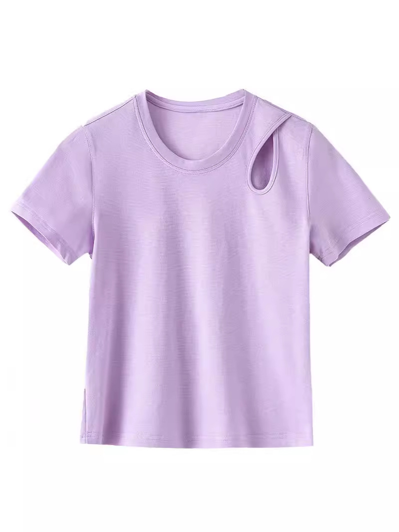 Áo thun nữ tay ngắn thiết kế khoét vai, chất liệu dệt kim acetate Tencel ôm dáng — Màu tím