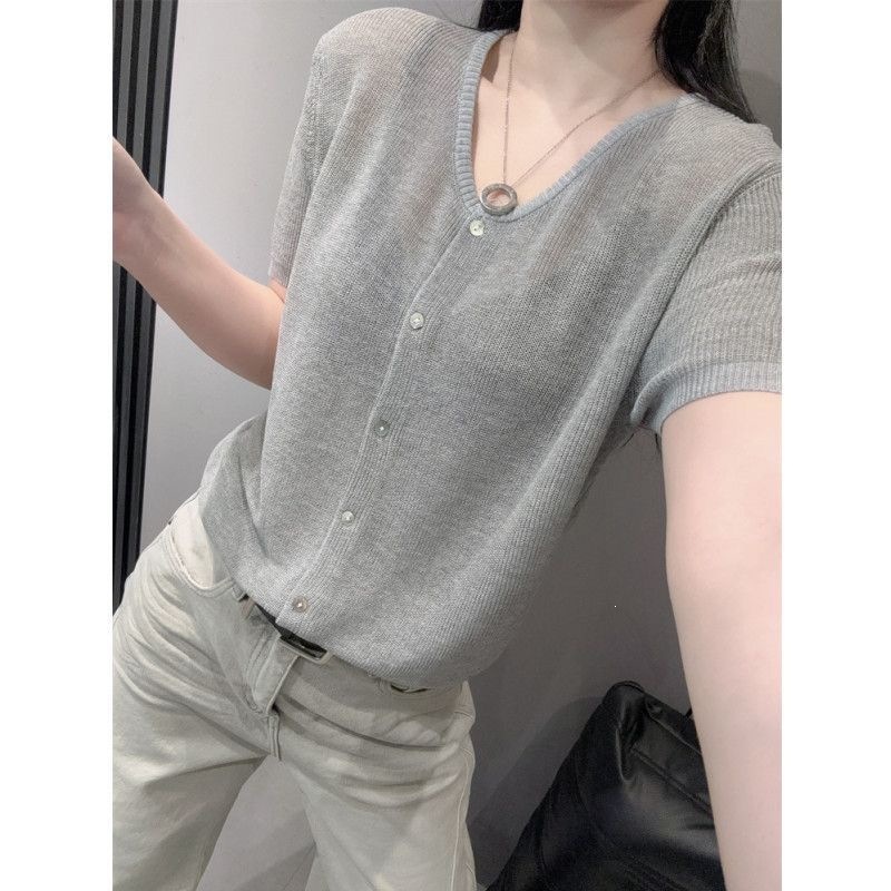 Áo cardigan dệt kim tay ngắn cổ V chất liệu băng lụa mỏng mùa hè — màu xám chi tiết 9