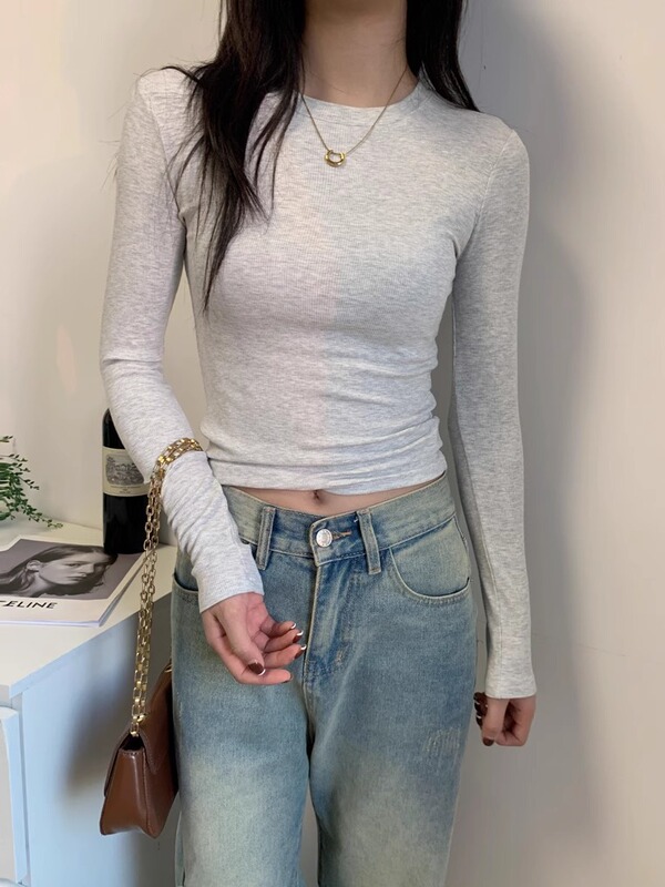 美式灰色正肩小衫长袖t恤女2025秋季新磨毛内搭打底修身百搭上衣|undefined