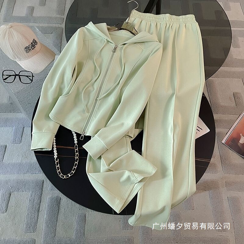 盐系穿搭绿色休闲运动套装女秋洋气显瘦正肩连帽卫衣阔腿裤两件套|undefined