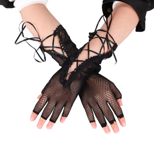 Sexy Lace Strap Women's Gloves Halloween Hollow Strap Half Finger Gloves European and American Style Lace Gloves Fishing Net