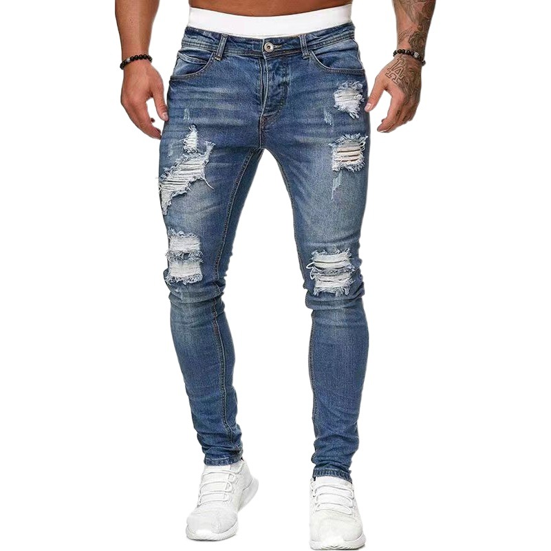 Nueva tendencia AliExpress europeo y americano flaco pantalones de los hombres Denim rasgado de comercio exterior delgado deseo transfronterizo calidad Denim