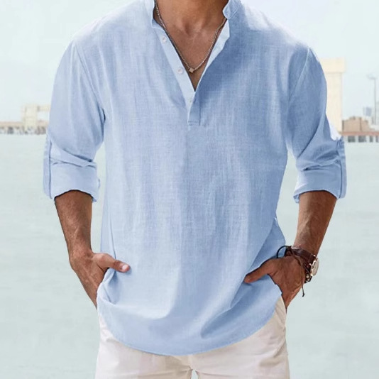 2024 Cross-border Foreign Trade Men's Linen Collar Long-sleeved T-shirt Loose T-shirt Solid Color Long-sleeved All-match Cotton-linen Shirt