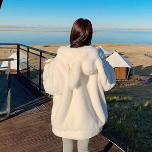 Cute Lamb Wool Coat with Rabbit Ears for Women, Winter 2025 New Style, Fleece-Lined, Thickened, Soft and Fluffy Cotton Jacket