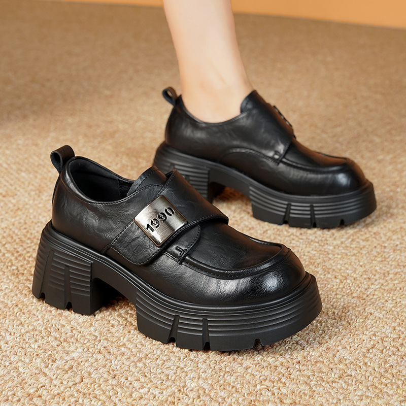 真皮乐福鞋秋冬圆头惠州增高厚底金属扣女鞋软底6厘米小皮鞋单鞋