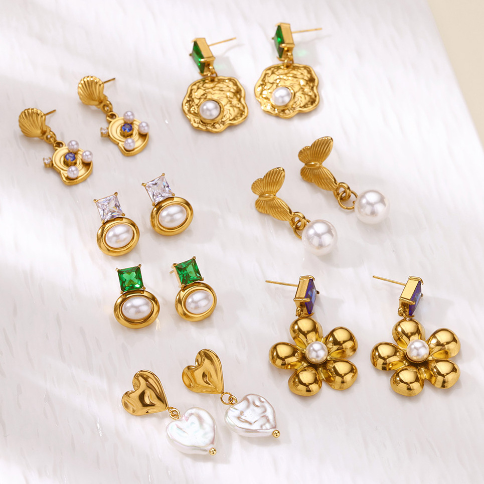 Butterfly Ocean Element Heart Flower Pendant Earrings for Women Vacuum Electroplated 18K Gold Cross-Border Fashion Trendy Earrings