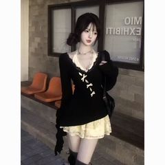 【オリジナル品質】ウエスト痩身ピュアディザイア風ニットブラウス+レースインナーホルターネックドレスセット