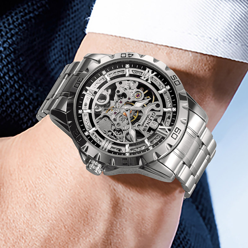 Đồng hồ nam thép không gỉ automatic lộ máy Glenn — Thắt lưng thép vàng 8718, Thắt lưng thép bạc 8718