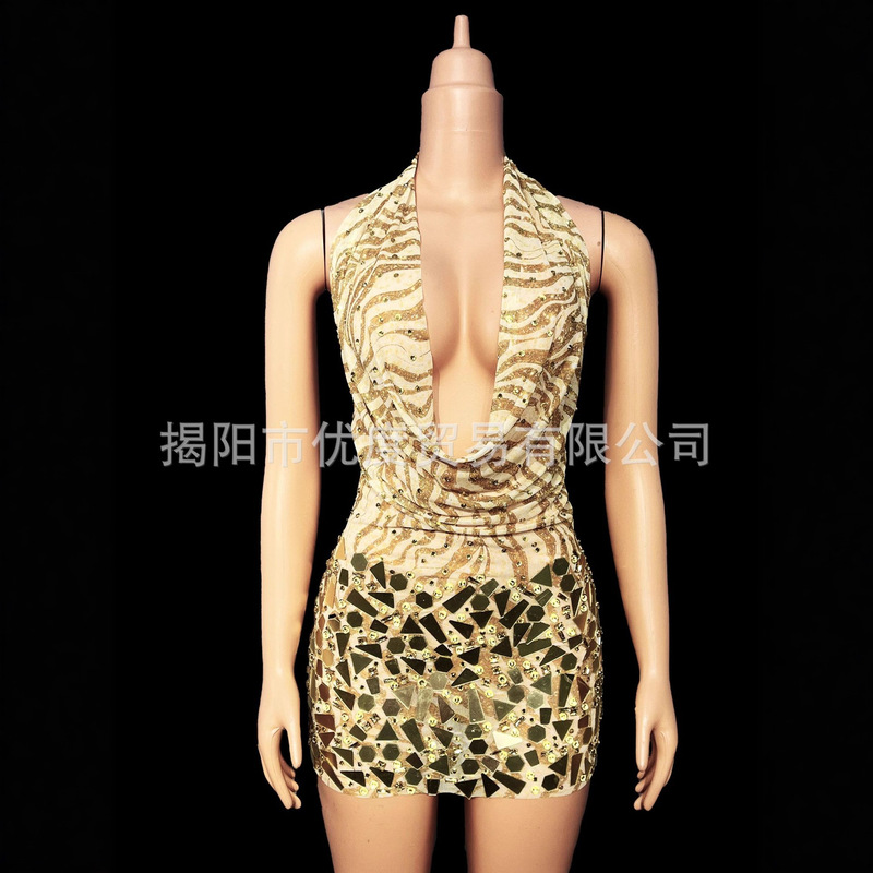 Sexy Deep U-Neck Halter Gold Rhinestone Lens Dress Backless Gown Birthday Dance Short Dress with Gold Fragments