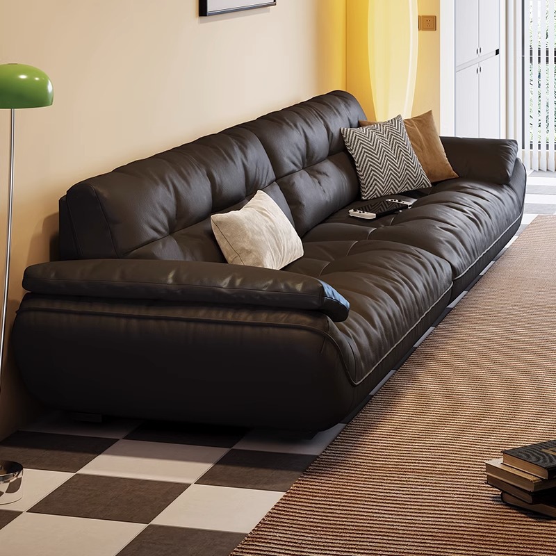 Sailboat Clouds Genuine Leather Sofa French Retro Designer Three-Seater Sofa for Living Room Small Apartment Minimalist Row