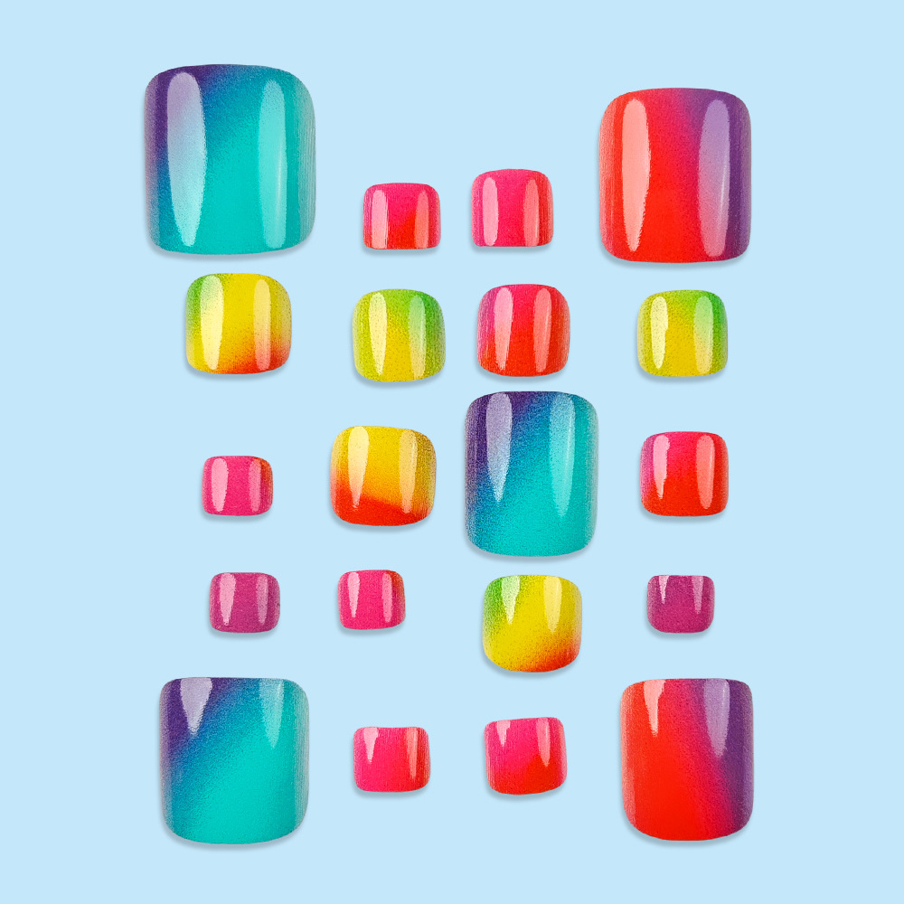 24 piezas en caja de uñas dulces y frescas, parches de uñas de color arco iris, productos terminados, venta en caliente transfronteriza de uñas de pie de gradiente