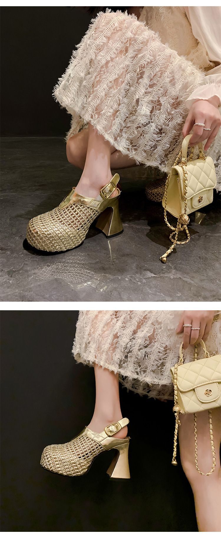 Sandal cao gót nữ đế xuồng platform dệt kim vàng, gót 10 cm, phong cách La Mã — Màu đen, Màu vàng, Màu bạc chi tiết 13