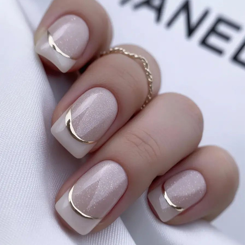 24 piezas de polvo desnudo brillo francés para usar uñas cuadradas cortas de comercio exterior uñas falsas de hielo a través de Phnom Penh lujoso manicure image 1