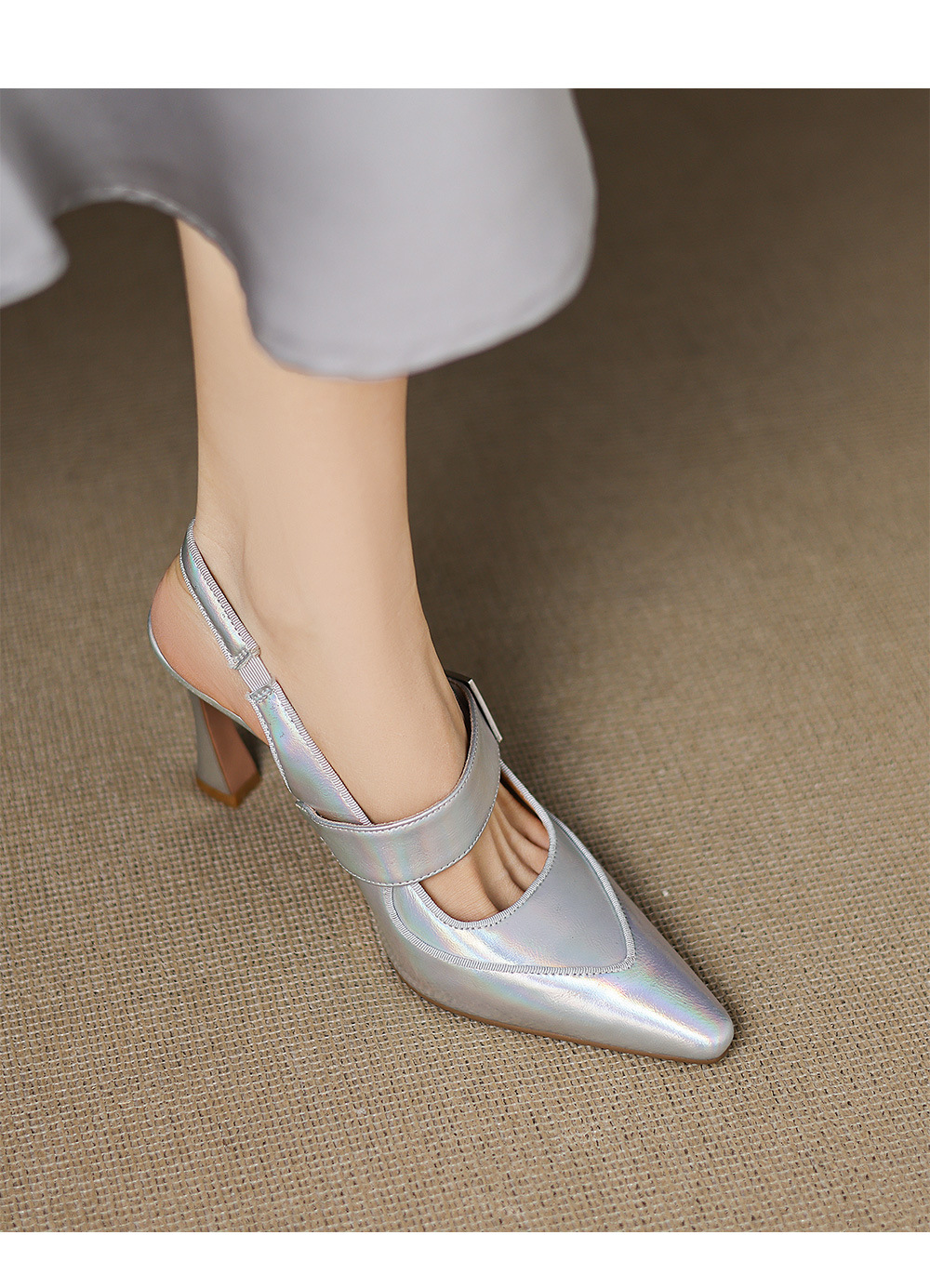 Sandal cao gót nữ mũi nhọn quai một dây, gót nhọn 9 cm, phối váy dự tiệc — màu xanh nhạt, màu đen, bạc chi tiết 14