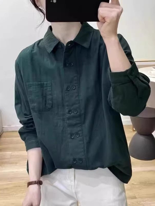 文艺复古双排扣棉麻长袖衬衫女春秋polo领上衣宽松设计感打底衬衣|undefined