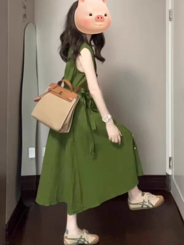 Retro Artistic Green Shirt Sleeveless Dress for Women, Simple Casual Summer Comfortable Relaxed Atmosphere Long Dress