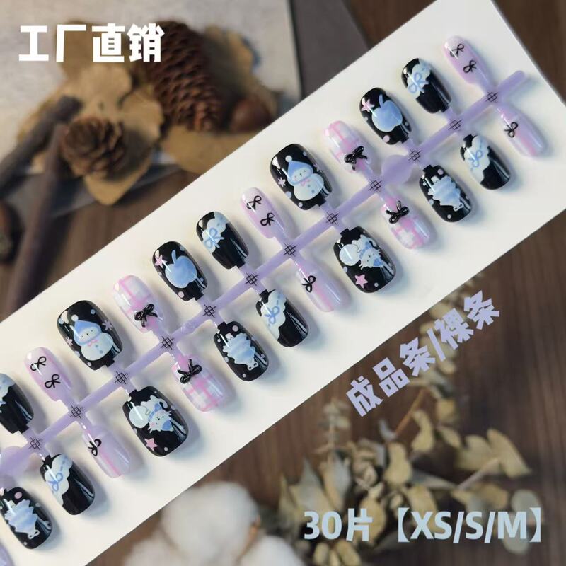 Cross-Border Christmas Nail Art Party Black and Purple Ultra-Short Ladder-Shaped Press-On Nails Snowman Snowball Kitten Plaid Nail Strips Cross-Border Christmas Nail Art Party Black and Purple Ultra-Short Ladder-Shaped Press-On Nails Snowman Snowball Kitten Plaid Nail Strips