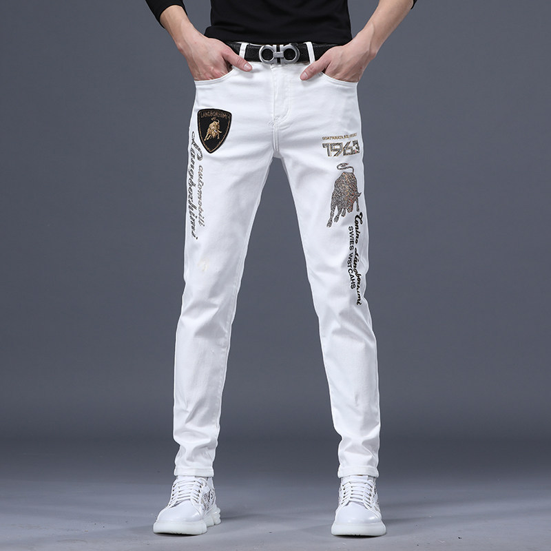 European Style 2026 Spring/Autumn Trendy Brand White Denim Jeans for Men with Rhinestone Embroidery, Slim Fit, Tapered Long Pants