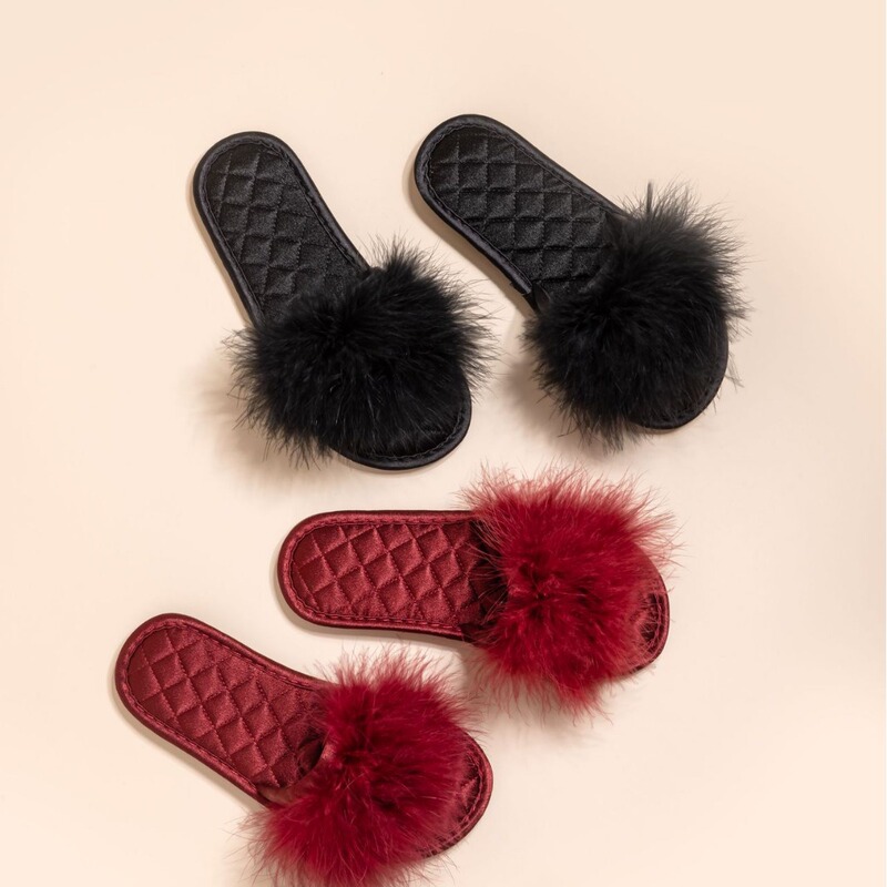 Spring and Summer New Wedding Bridesmaid Mao Mao Slippers Women's New Wedding Satin Red Slippers Wedding Bride Morning Gown Matching Shoes