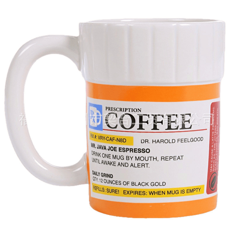 Taza de café de cerámica cuidadosamente seleccionada Taza de medicina creativa Taza de botella de medicina transfronteriza especial Taza con forma de botella de medicina Taza de agua con patrón