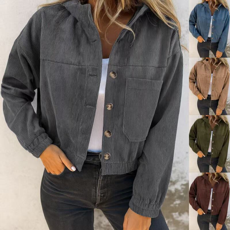 European and American Cross-Border Autumn and Winter New Women's Casual Loose Fashion Corduroy Long-Sleeve Cardigan Hooded Pocket Jacket