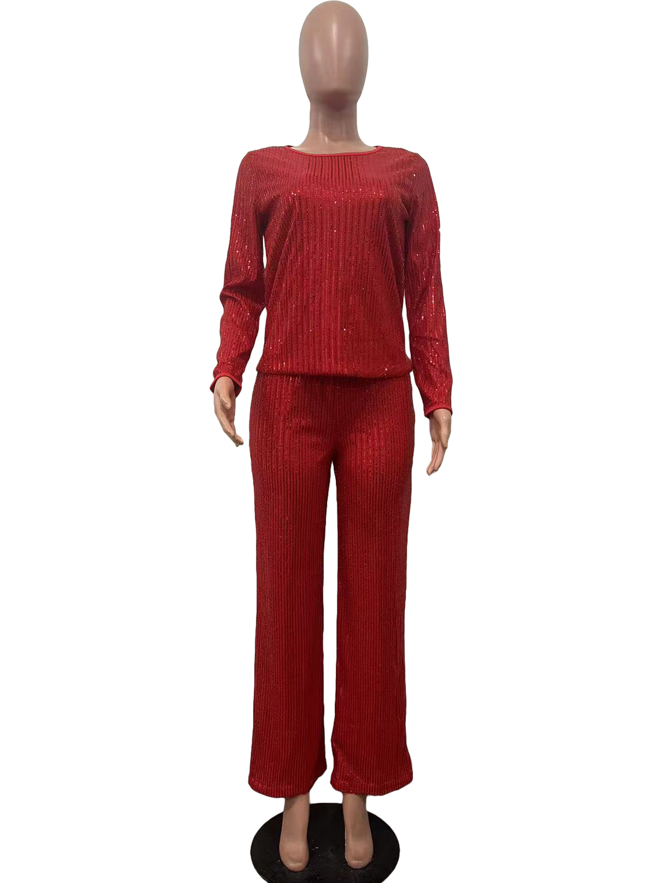 Women's Clothing new sequined solid color long sleeved trousers two piece set_voghion.com