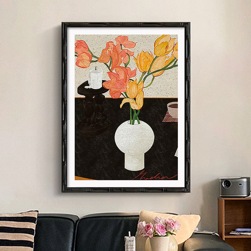 《瓶花》新中式禅意客厅装饰画复古中古风百合花卉餐厅餐边柜摆画|undefined