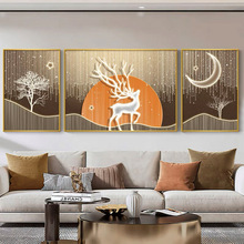 麋鹿沙发背景画客厅装饰画现代简约抽象北欧轻奢壁画三联镶钻画