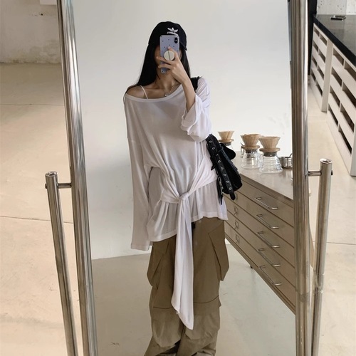 Korean-style design tie-waist long-sleeve T-shirt for women, summer thin version sunscreen cover-up, elegant off-shoulder and diagonal shoulder top