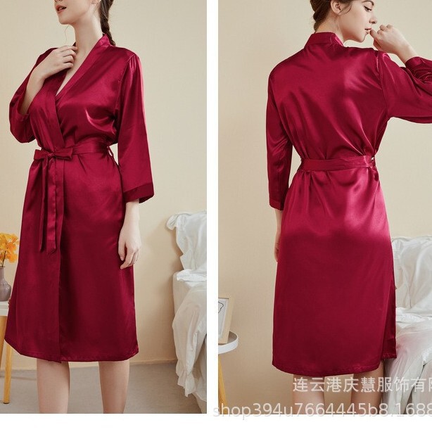 Solid Color Silk Mid-Sleeve Women's Nightgown Summer Short Cardigan Lace-Up Tassel Bathrobe Thin Sexy Pajamas Solid Color Silk Mid-Sleeve Women's Nightgown Summer Short Cardigan Lace-Up Tassel Bathrobe Thin Sexy Pajamas