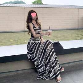 假两件条纹绑带无袖背心裙黑白撞色长款连衣裙女夏季新款长裙