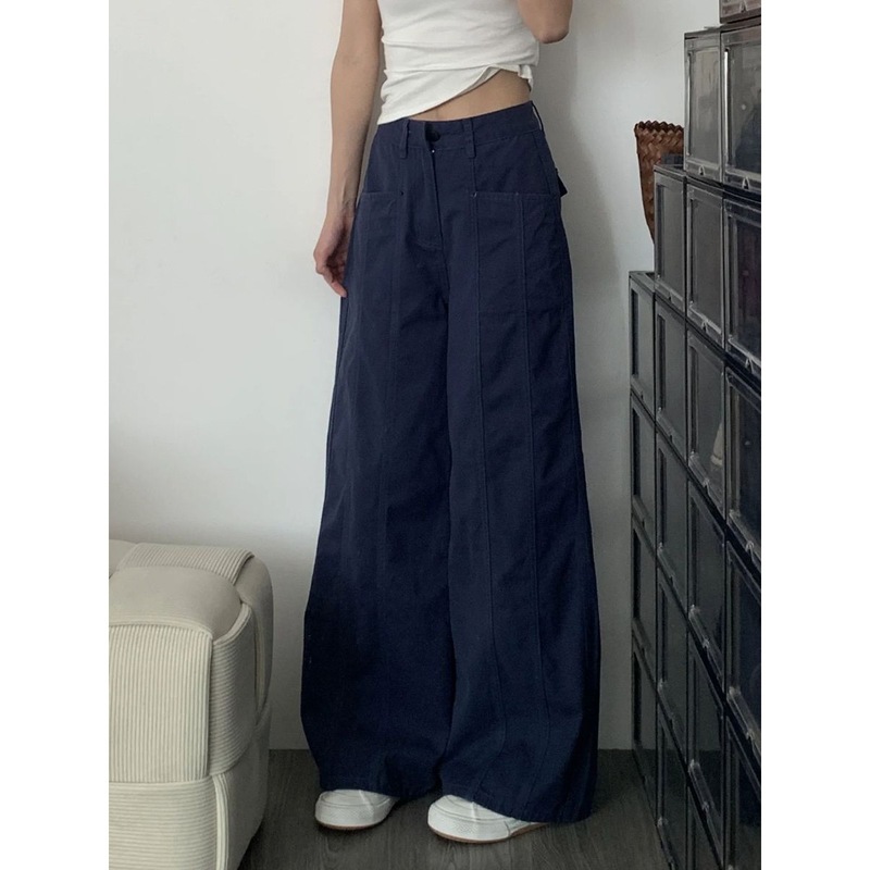 小个子复古水洗藏蓝色工装裤女阔腿牛仔裤女高腰宽松显瘦直筒长裤|undefined