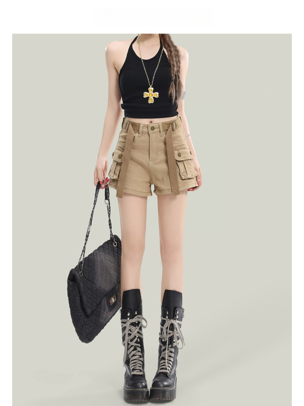 Forever21 American-Style Khaki Denim Shorts for Petite Women, Summer High-Waisted A-Line Hip-Hugging Workwear Hot Pants Forever21 American-Style Khaki Denim Shorts for Petite Women, Summer High-Waisted A-Line Hip-Hugging Workwear Hot Pants