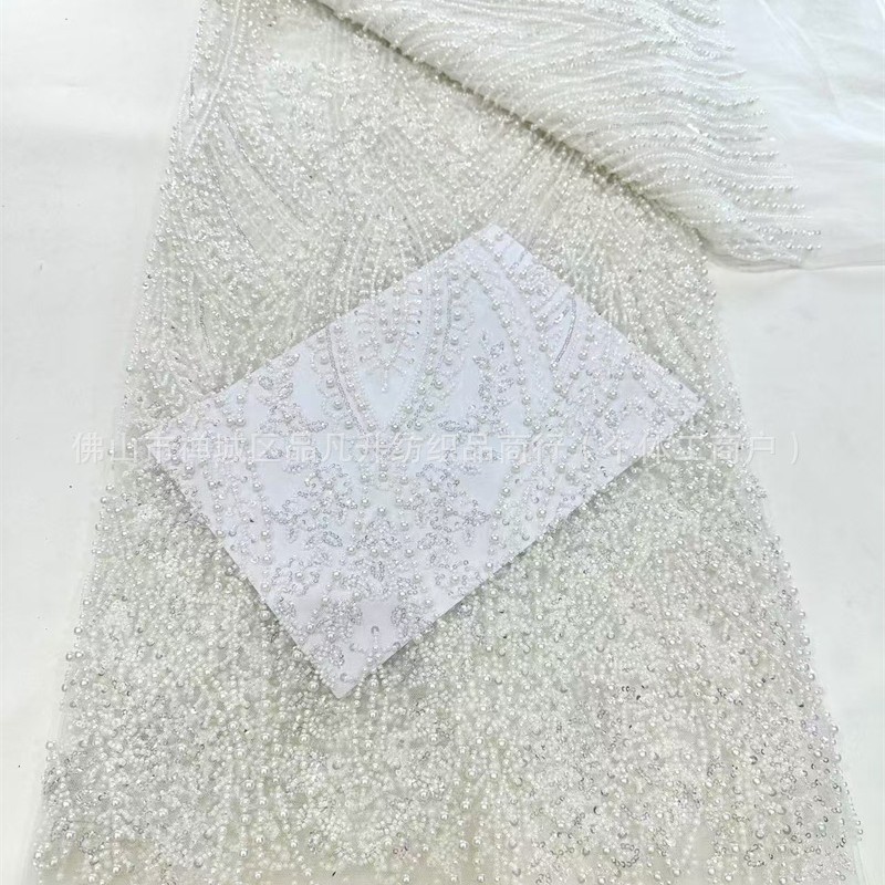 Tela de encaje bordada con cuentas de burbujas blancas Moda vestido de novia de alta costura Cena Moda Vestido de regalo para adultos Tela