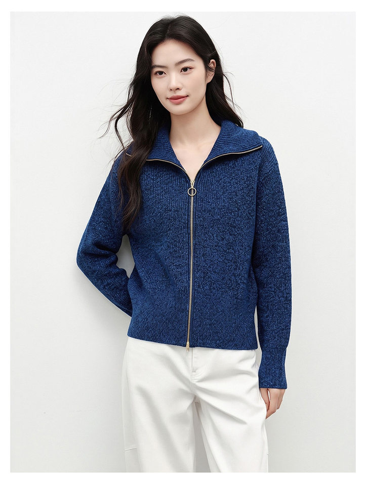 Áo khoác dệt kim nữ màu xanh da trời, dáng cardigan khóa kéo, chất liệu len cừu mềm mại, tay dài — Màu xanh da trời chi tiết 11