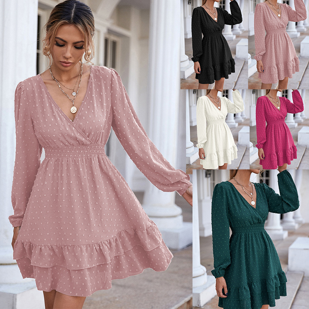 V-neck long-sleeved ruffled slim solid color dress NSNCK118644