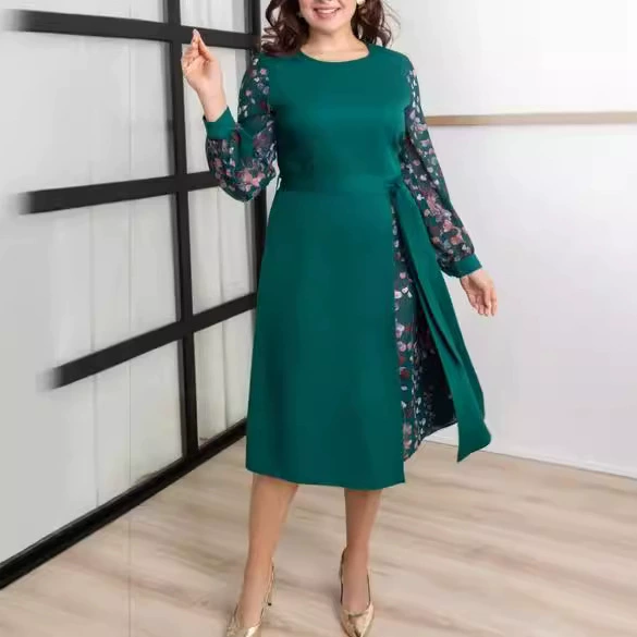 Новое платье AliExpress большой размер с длинными рукавами темперамент модное платье со сшитым принтом