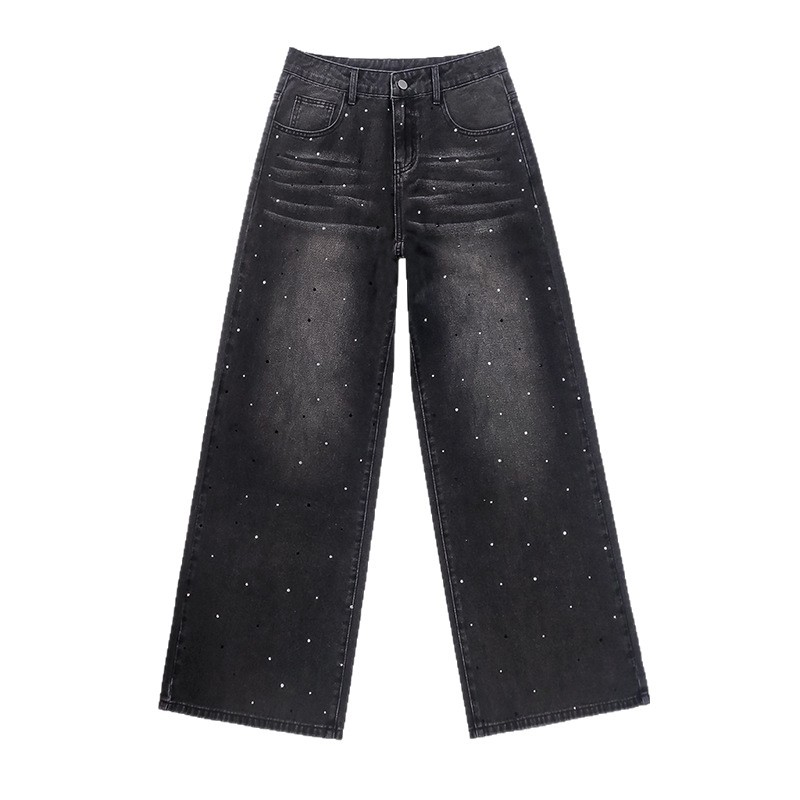 Calça jeans feminina casual de perna reta, confortável e folgada, com strass, estilo europeu-americano, moderna, brilhante e versátil._voghion.com