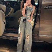 女童牛仔套装夏装2024夏季吊带背心两件套中大童阔腿破洞长裤宽松