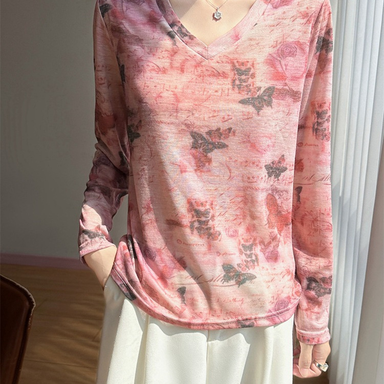 Spring and Summer New Style Printed Lyocell Tencel Long-Sleeve T-Shirt for Women, Thin Butterfly Knit Base Shirt, Lightweight Top