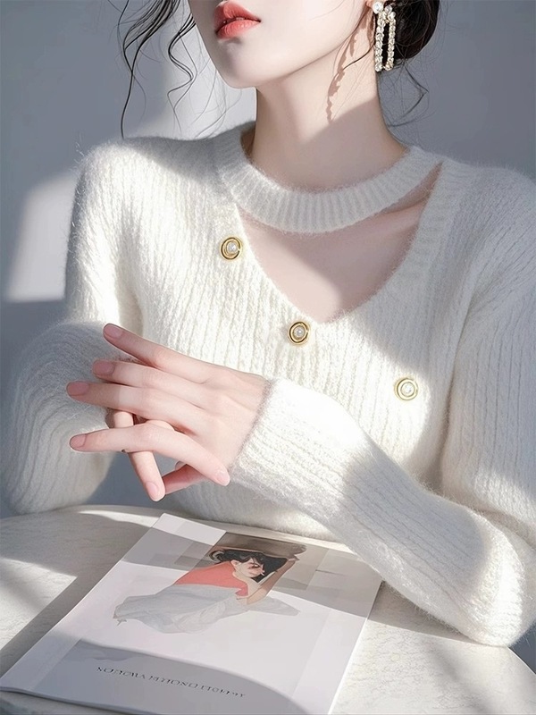 2025春秋冬欧货白色挂脖镂空毛衣打底衫女款修身显瘦内搭针织删|undefined